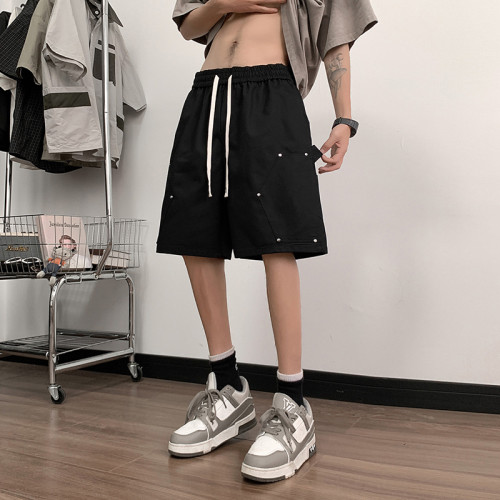 白色鉚釘短褲男夏季薄款美式高街工裝中褲潮牌大碼休閒寬鬆五分褲