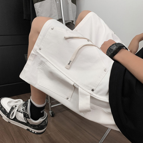 白色鉚釘短褲男夏季薄款美式高街工裝中褲潮牌大碼休閒寬鬆五分褲