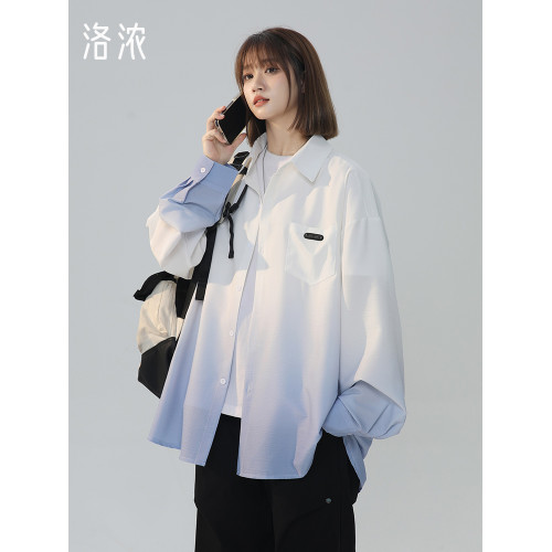 洛濃無性別春夏季漸變紥染休閒長袖襯衫薄款外套男女大碼潮流學生