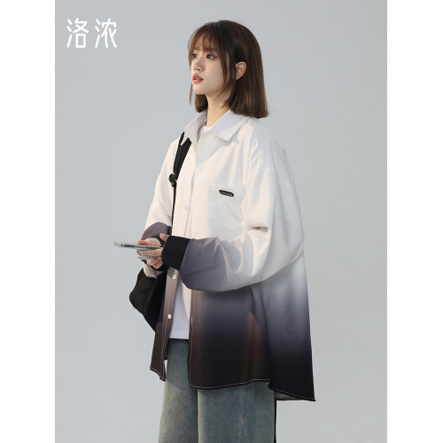 洛濃無性別春夏季漸變紥染休閒長袖襯衫薄款外套男女大碼潮流學生