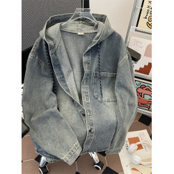 做舊水洗牛仔夾克男寬鬆連帽工裝上衣春秋款美式潮牌復古休閒外套