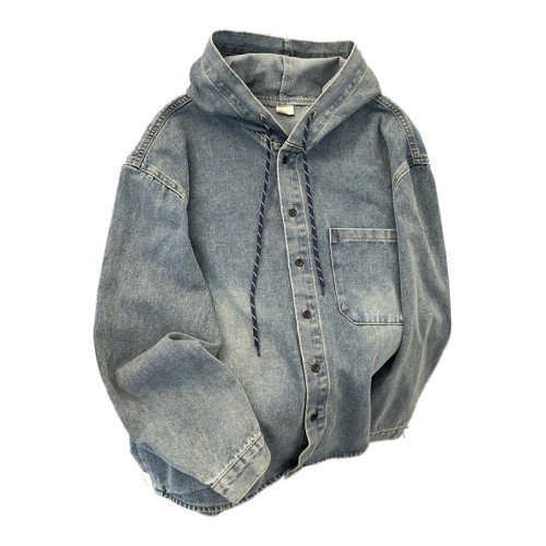 做舊水洗牛仔夾克男寬鬆連帽工裝上衣春秋款美式潮牌復古休閒外套