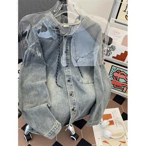 做舊水洗牛仔夾克男寬鬆連帽工裝上衣春秋款美式潮牌復古休閒外套