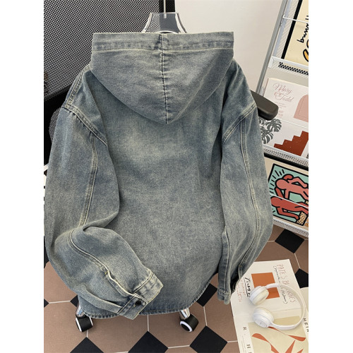 做舊水洗牛仔夾克男寬鬆連帽工裝上衣春秋款美式潮牌復古休閒外套