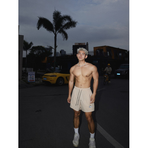 PAPASLILMONSTER美式山峰刺綉細格紋運動短褲休閒寬鬆速乾短褲