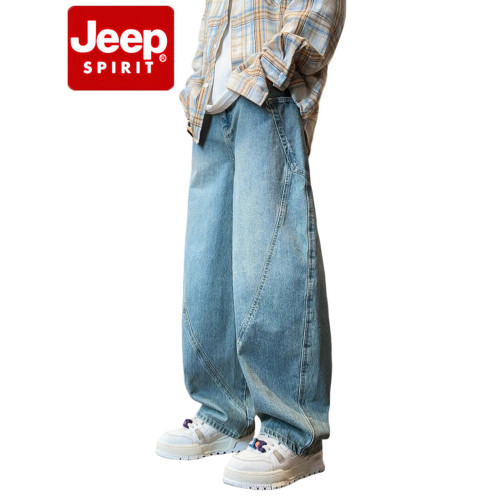 JEEP SPIRIT美式彎刀牛仔褲男2025秋冬季工裝褲直筒褲寬鬆濶腿褲