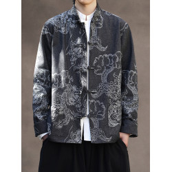 新中式寬鬆大碼牛仔唐裝外套風龍紋盤釦中山裝上衣國風居士服