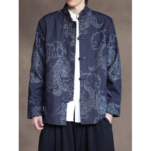新中式寬鬆大碼牛仔唐裝外套風龍紋盤釦中山裝上衣國風居士服