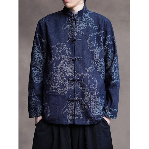 新中式寬鬆大碼牛仔唐裝外套風龍紋盤釦中山裝上衣國風居士服