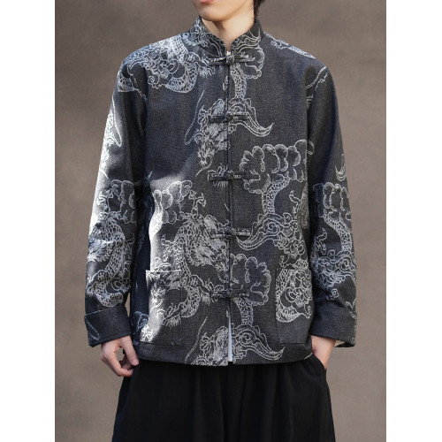 新中式寬鬆大碼牛仔唐裝外套風龍紋盤釦中山裝上衣國風居士服