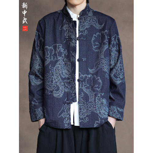 新中式寬鬆大碼牛仔唐裝外套風龍紋盤釦中山裝上衣國風居士服