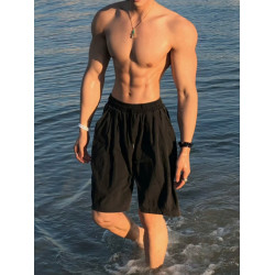 黑色尼龍速乾運動短褲男夏季外穿薄款冰絲沙灘褲子美式寬鬆五分褲