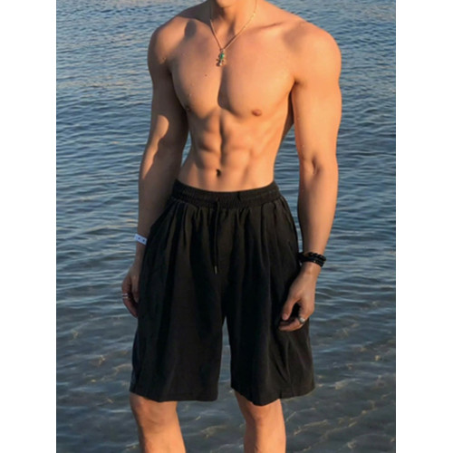 黑色尼龍速乾運動短褲男夏季外穿薄款冰絲沙灘褲子美式寬鬆五分褲 黑色尼龍速乾運動短褲男夏季外穿薄款冰絲沙灘褲子美式寬鬆五分褲