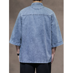 新中式復古盤釦牛仔唐裝襯衫國風寬鬆大碼中山裝七分袖茶服男上衣