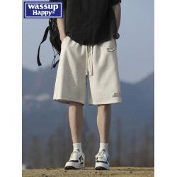 wassup happy美式運動短褲男夏季薄款潮牌抽繩直筒寬鬆休閒五分褲