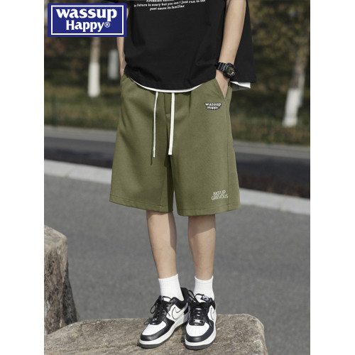 wassup happy美式運動短褲男夏季薄款潮牌抽繩直筒寬鬆休閒五分褲