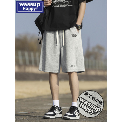 wassup happy美式運動短褲男夏季薄款潮牌抽繩直筒寬鬆休閒五分褲