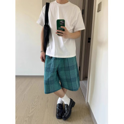 日系復古藍格子寬鬆短褲男女夏季高街休閒百搭五分中褲ins情侶款