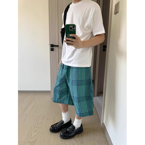 日系復古藍格子寬鬆短褲男女夏季高街休閒百搭五分中褲ins情侶款