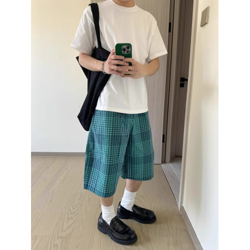 日系復古藍格子寬鬆短褲男女夏季高街休閒百搭五分中褲ins情侶款