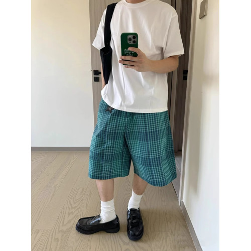 日系復古藍格子寬鬆短褲男女夏季高街休閒百搭五分中褲ins情侶款