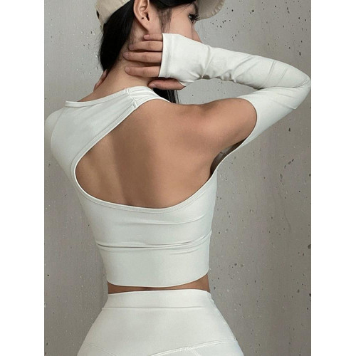 含胸墊健身長袖後背鏤空瑜珈服外穿訓練緊身上衣外穿假兩件運動衫