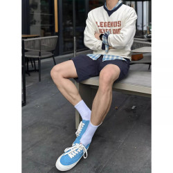 藏青色美式三分短褲男生夏季套裝健身青少年薄款褲子不過膝四分褲