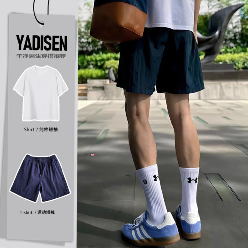 藏青色美式三分短褲男生夏季套裝健身青少年薄款褲子不過膝四分褲