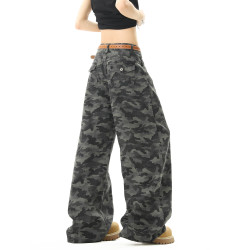 美式高街迷彩濶腿工裝褲男女夏季潮vibe寬鬆百搭垂感直筒拖地長褲