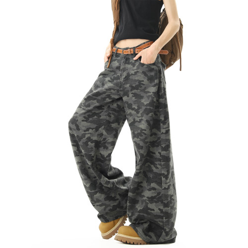 美式高街迷彩濶腿工裝褲男女夏季潮vibe寬鬆百搭垂感直筒拖地長褲