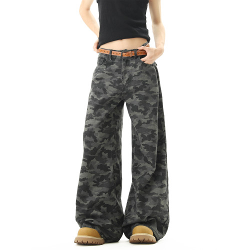 美式高街迷彩濶腿工裝褲男女夏季潮vibe寬鬆百搭垂感直筒拖地長褲