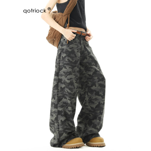 美式高街迷彩濶腿工裝褲男女夏季潮vibe寬鬆百搭垂感直筒拖地長褲