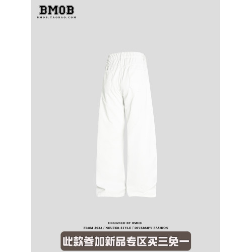 BMOB美式復古格紋方巾牛仔褲男女夏季潮牌寬鬆彎刀濶腿休閒長褲潮