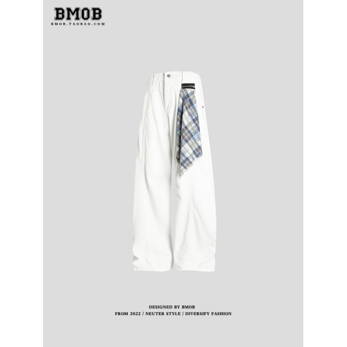 BMOB美式復古格紋方巾牛仔褲男女夏季潮牌寬鬆彎刀濶腿休閒長褲潮