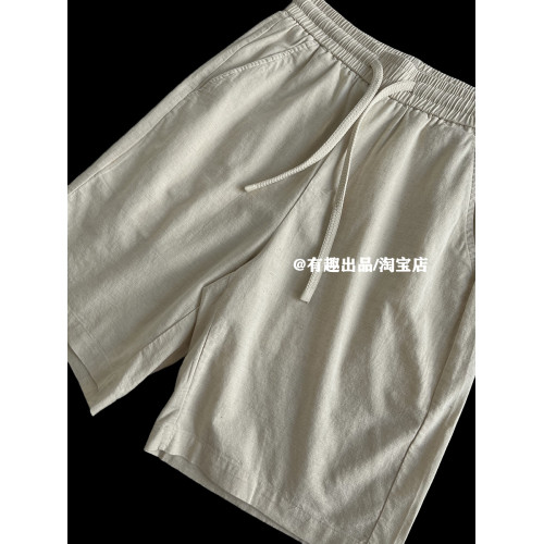 梭織棉麻品質日單夏季復古水洗亞麻抽繩短褲日常慵懶寬鬆五分褲男