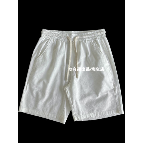 梭織棉麻品質日單夏季復古水洗亞麻抽繩短褲日常慵懶寬鬆五分褲男