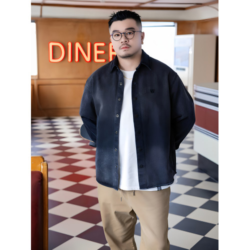 韋恩澤維爾加大寬鬆大碼男裝秋冬繙領漸變洗水綉花長袖襯衫9131