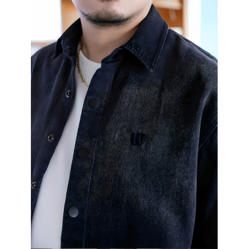 韋恩澤維爾加大寬鬆大碼男裝秋冬繙領漸變洗水綉花長袖襯衫9131