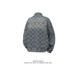 水洗復古提花格子牛仔外套男秋季新款美式重工設計感寬鬆工裝夾克