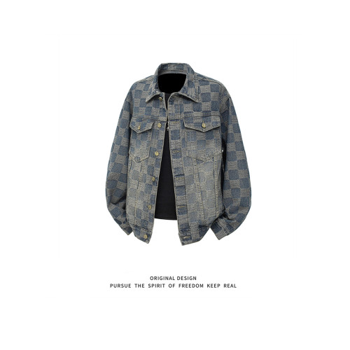 水洗復古提花格子牛仔外套男秋季新款美式重工設計感寬鬆工裝夾克