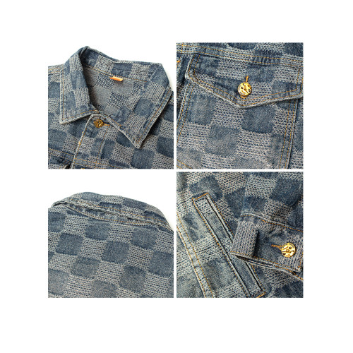 水洗復古提花格子牛仔外套男秋季新款美式重工設計感寬鬆工裝夾克