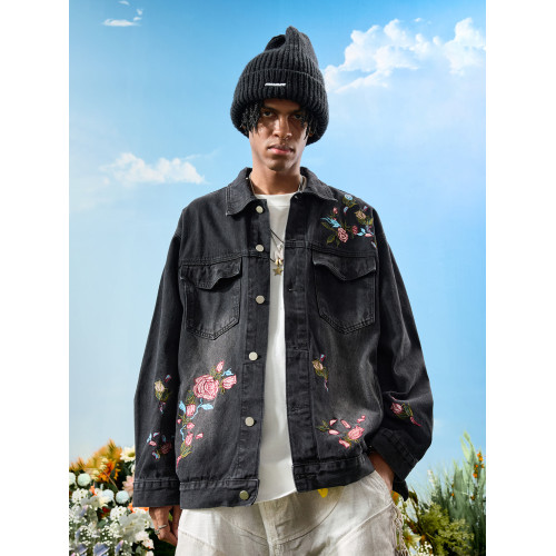 Nuthink國潮重工刺綉玫瑰花牛仔外套夾克美式潮牌男女2026年春季
