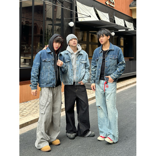 Faxims Store工裝牛仔外套男美式復古水洗潮牌青少年寬鬆休閒夾克