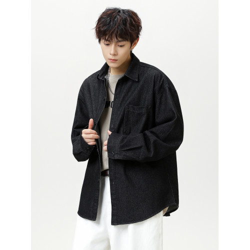 復古原色丹甯牛仔襯衫秋季高街美式寬鬆襯衣潮牌男士休閒工裝外套