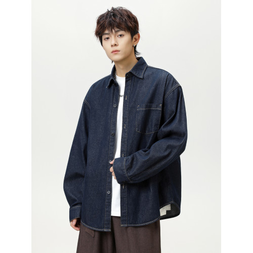 復古原色丹甯牛仔襯衫秋季高街美式寬鬆襯衣潮牌男士休閒工裝外套