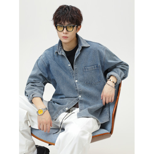 復古原色丹甯牛仔襯衫秋季高街美式寬鬆襯衣潮牌男士休閒工裝外套