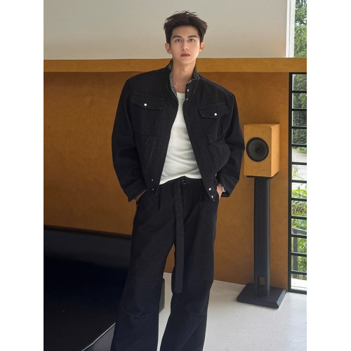 水洗做舊重工假兩件牛仔外套男潮流痞帥立領短款寬鬆工裝夾克上衣