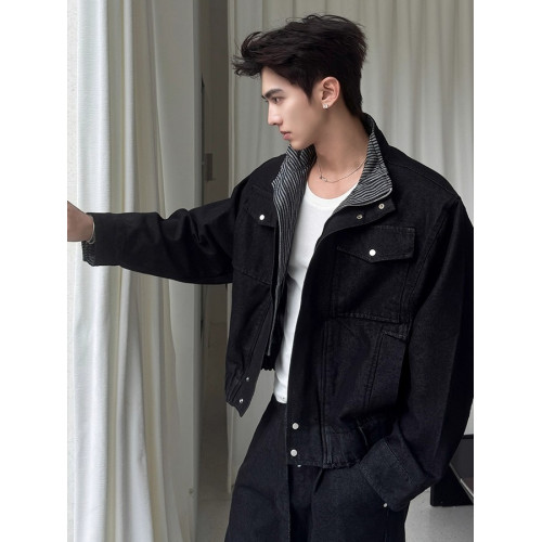 水洗做舊重工假兩件牛仔外套男潮流痞帥立領短款寬鬆工裝夾克上衣
