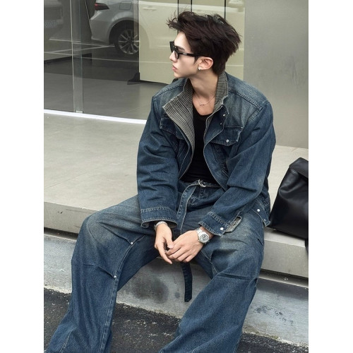 水洗做舊重工假兩件牛仔外套男潮流痞帥立領短款寬鬆工裝夾克上衣