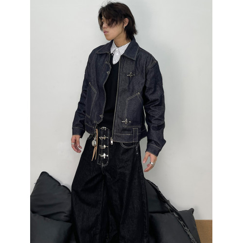 76STREET美式復古水洗原牛仔外套男女剪裁拼接飛機釦短寬繙領夾克